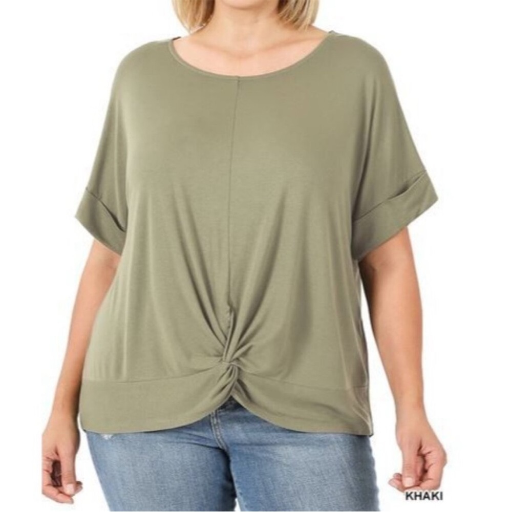 Zenana Crepe Twist Knot Front Short Sleeve Top Women’s Plus Size 1X Khaki Green